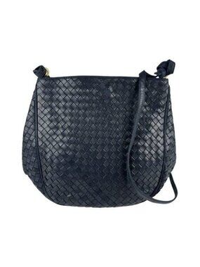Bottega Veneta Intrecciato Nappa Shoulder Bag Purse Navy Black Leather